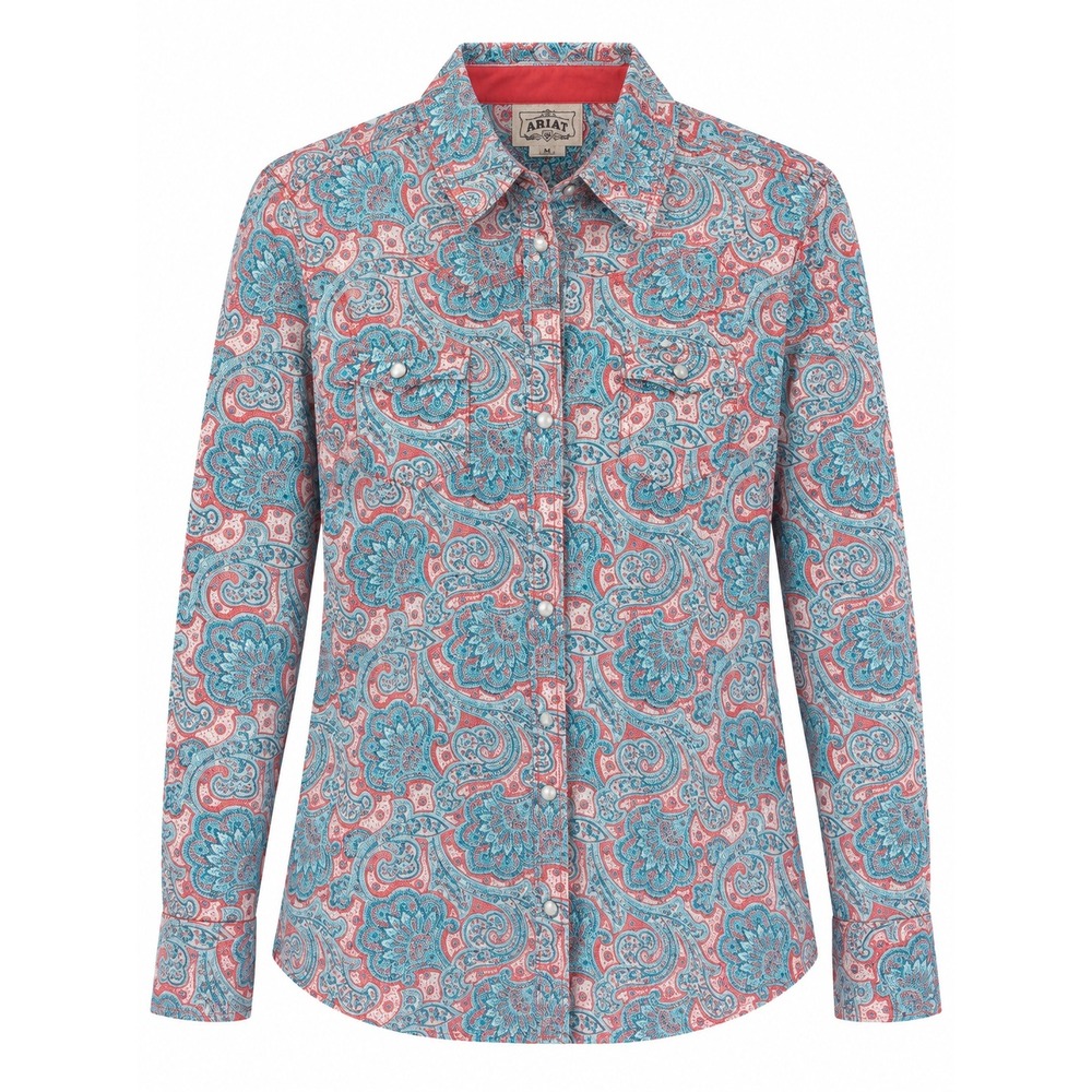 Ariat Womens Blue Coral Paisley Western Pearl Snap Shirt Long Sleeve M Cowgirl L